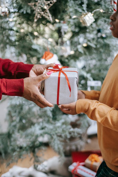 Un enfant reçoit un cadeau des mains d'un adulte