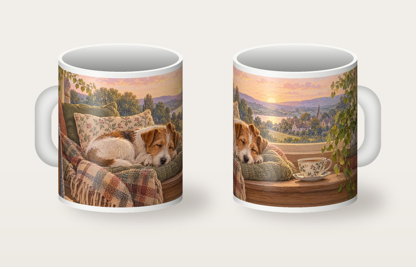 Mug vu des deux côtés : un terrier endormi sur un coussin dans un coin fenêtre, avec une tasse de thé à côté