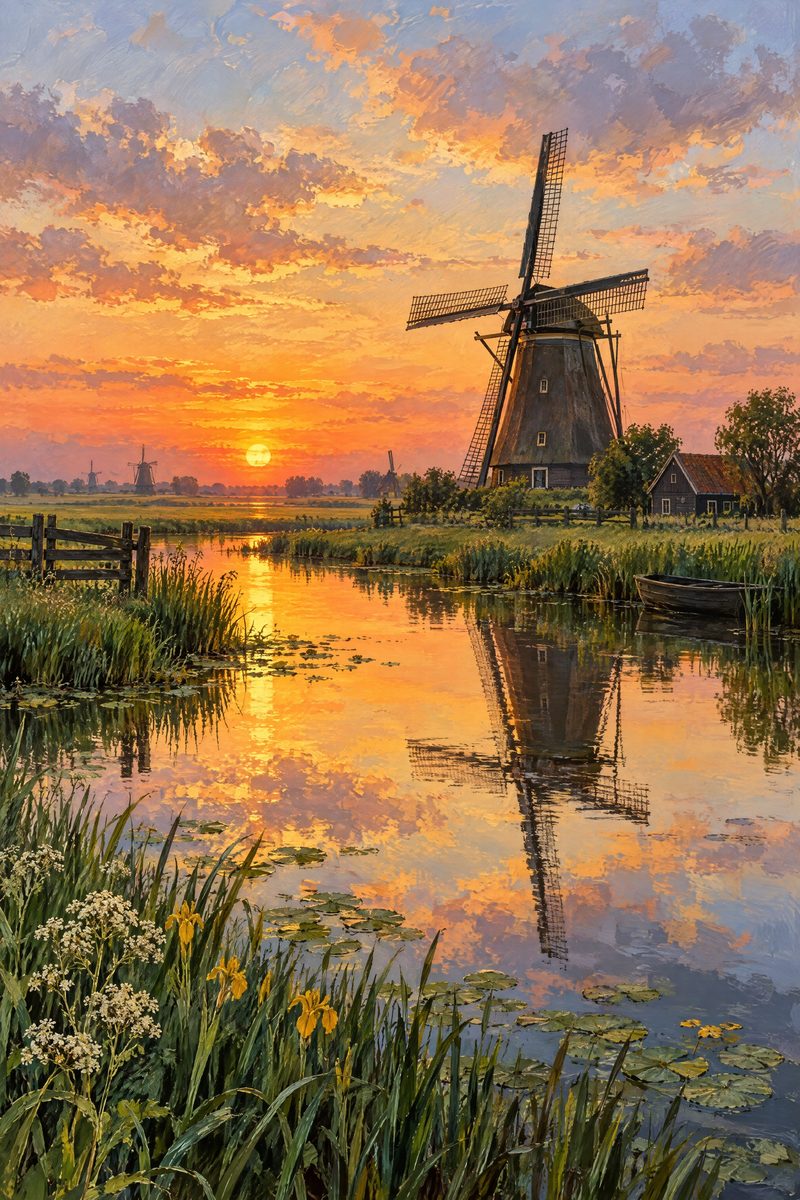 Photo verticale d'un moulin au bord de l'eau au coucher du soleil, une image qui disparaît en grande partie sur un mug