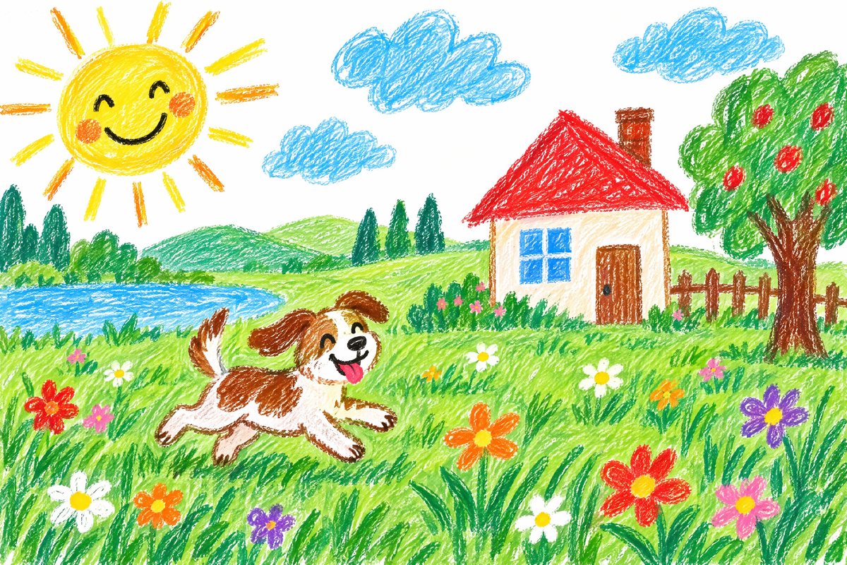 Dessin d'enfant aux craies grasses : un chien qui court dans l'herbe, une maison au toit rouge et un soleil souriant
