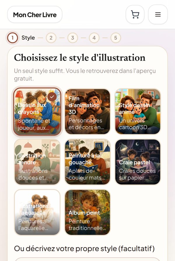Étape 1 sur un téléphone : le choix entre huit styles d'illustration, avec Dessin aux crayons sélectionné