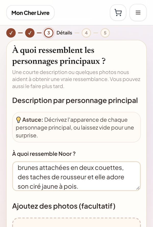 Étape 3 : une courte description de Noor, avec en dessous la possibilité d'ajouter des photos