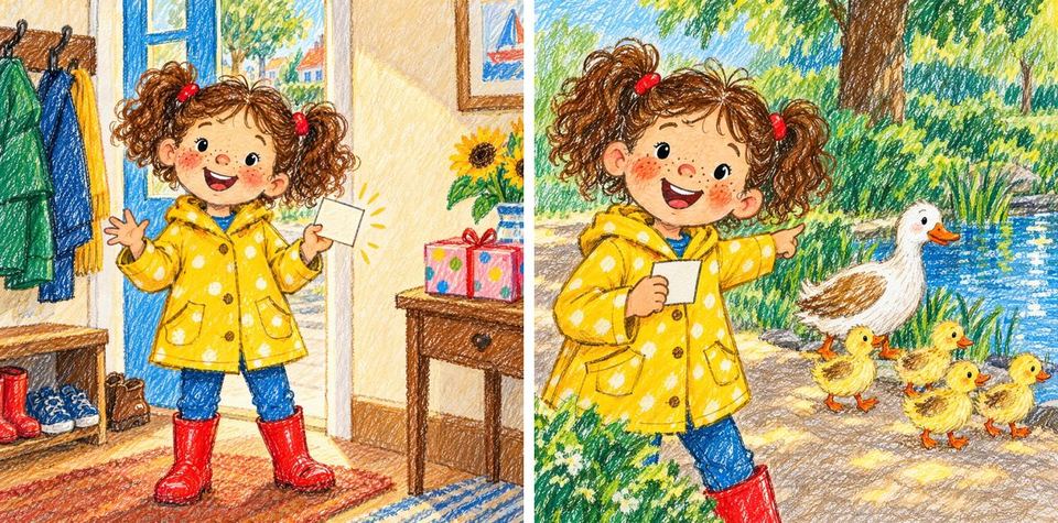 Deux pages du livre : Noor rend ses fanions au boulanger et écarte une branche pour les canetons
