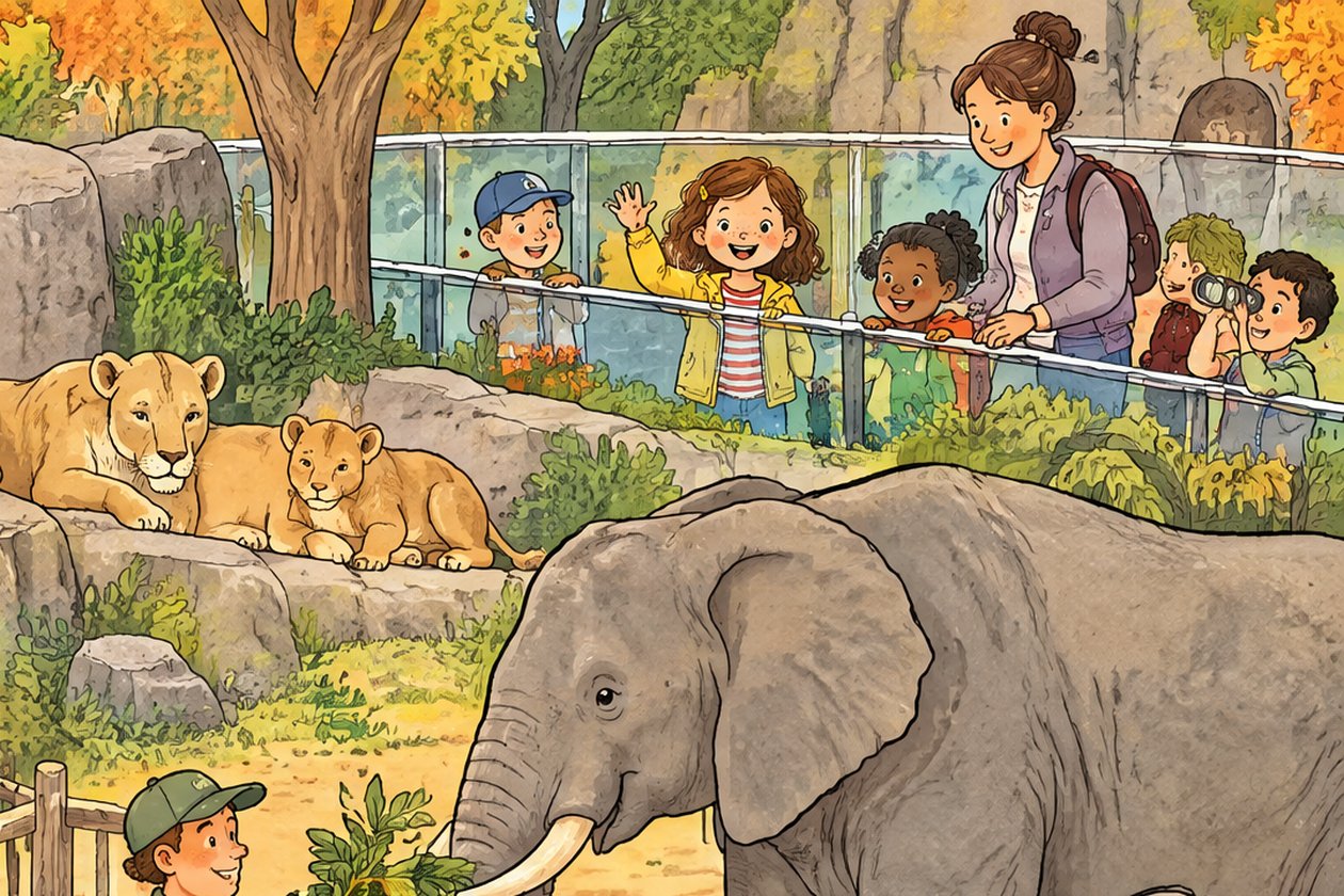 Détail d'un livre cherche et trouve : une fillette en veste jaune fait signe derrière une paroi vitrée au zoo