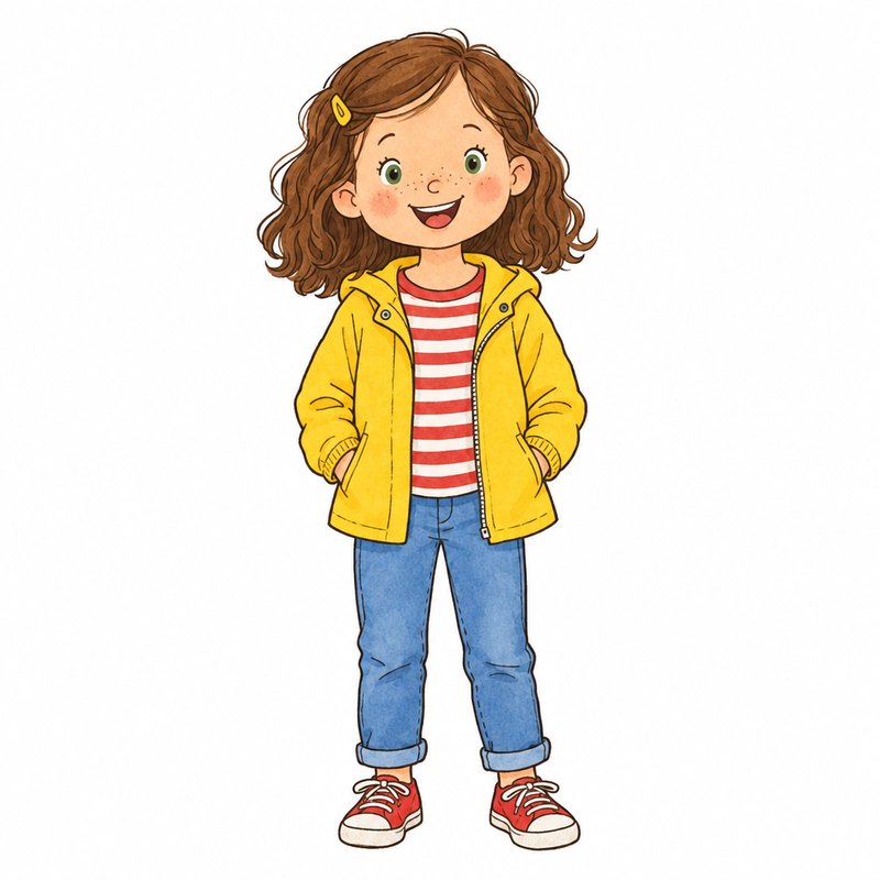 La même enfant dessinée en personnage d'album, dans la tenue qu'elle porte à chaque page