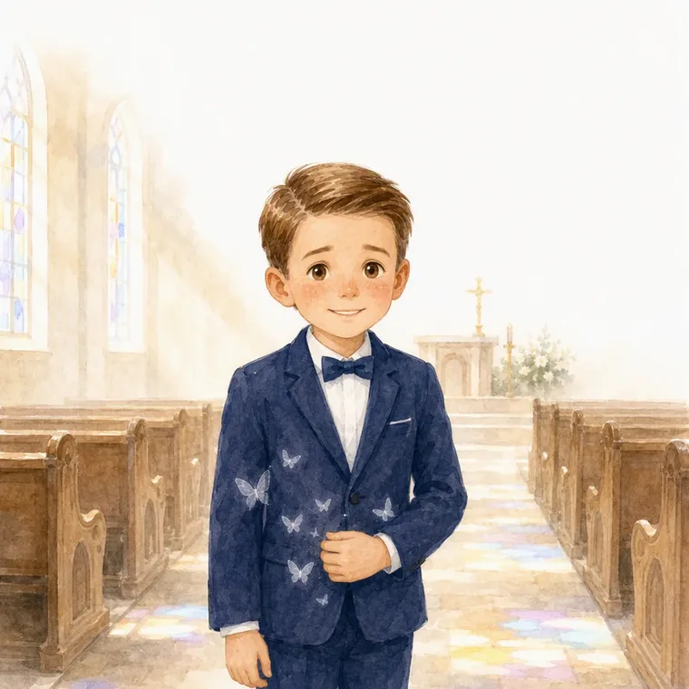 Daan dans son costume bleu marine, dans l’allée centrale de l’église, avec des papillons sur sa veste
