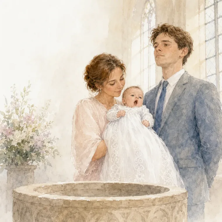 Maman tient Lotte dans sa robe de baptême blanche près des fonts baptismaux, papa à côté d’elle