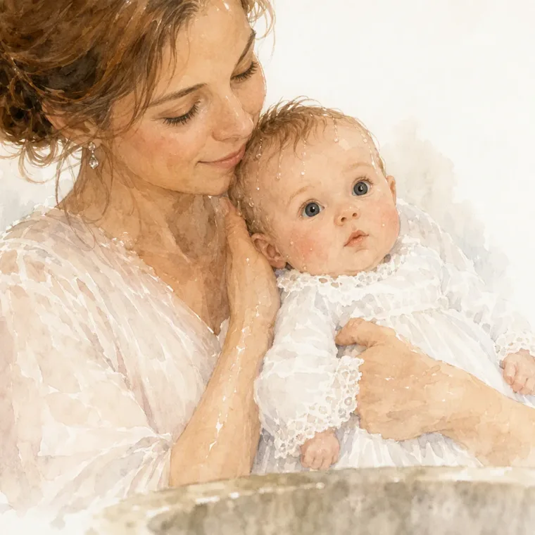 Maman serre Lotte contre elle, ses cheveux encore mouillés après le baptême