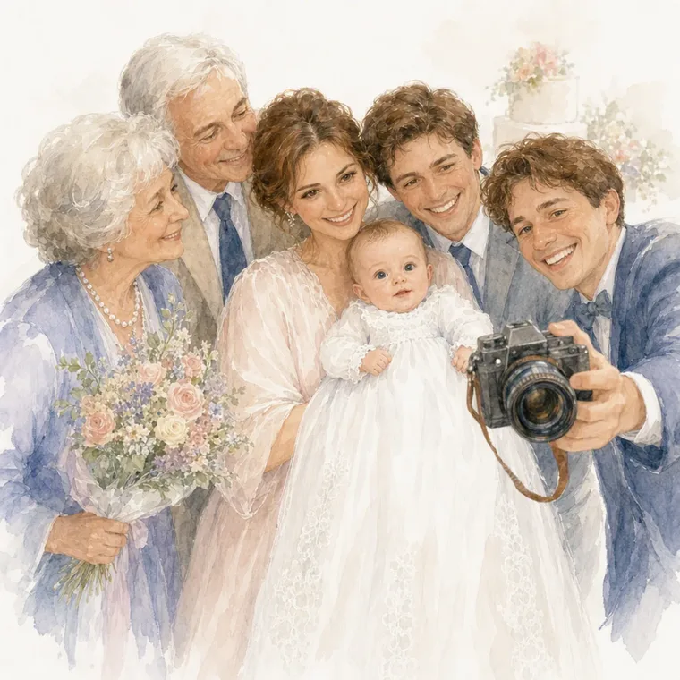 Toute la famille autour de Lotte pendant que son oncle prend la photo
