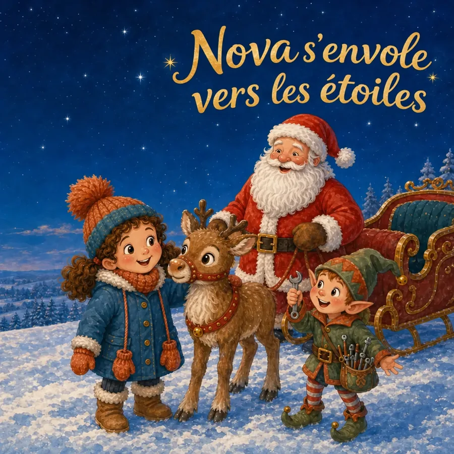 Couverture du livre de Noël avec Fenna, Nova le renne, le Père Noël et Pip le lutin dans la neige