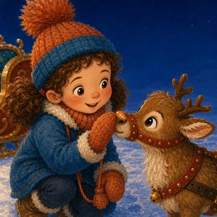 Fenna est nez à nez avec Nova le renne dans la neige