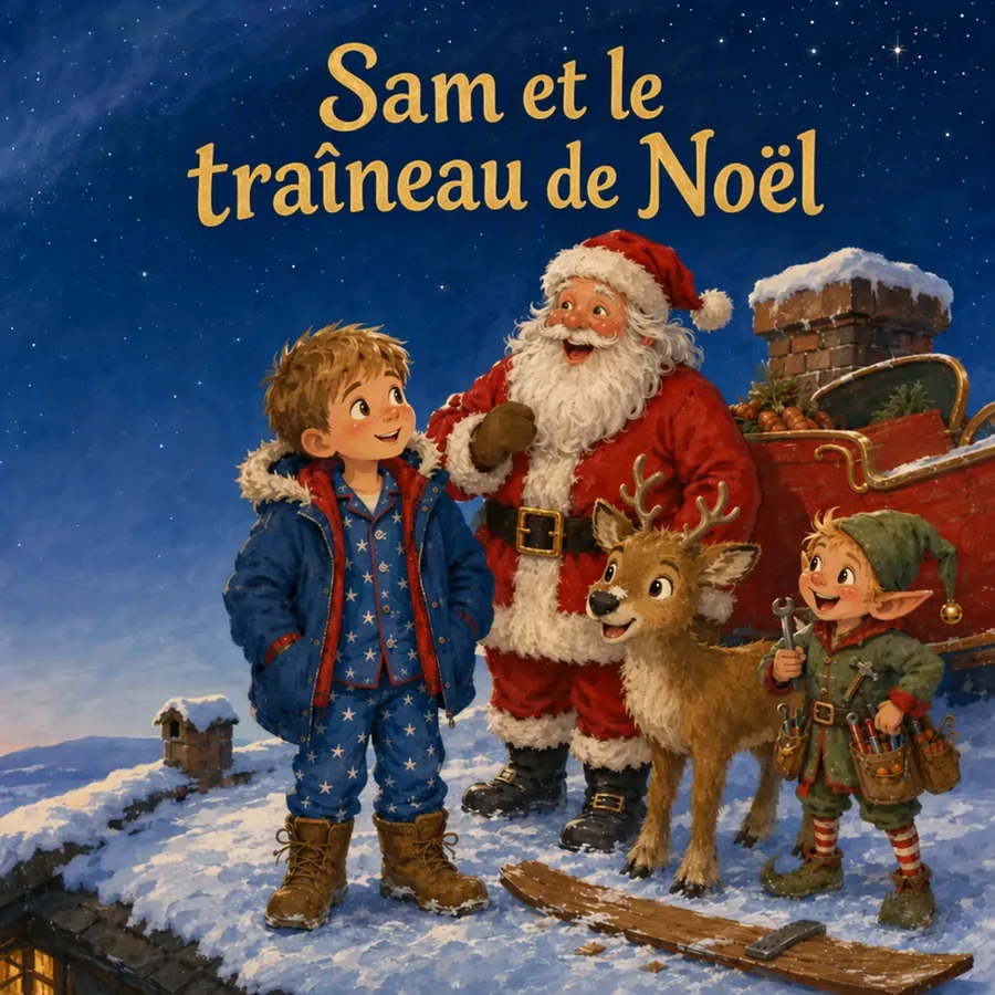 Couverture du livre de Noël avec Sam, le Père Noël, Nova le renne et Pip le lutin sur un toit enneigé