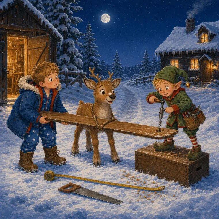 Sam, Nova et Pip le lutin portent ensemble un patin en bois dans la neige