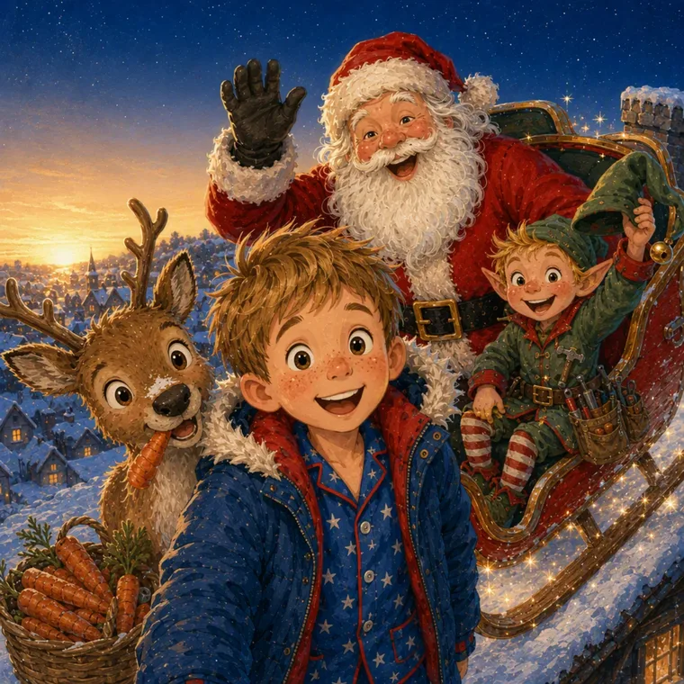 Sam, le Père Noël, Nova et Pip dans le traîneau au lever du soleil