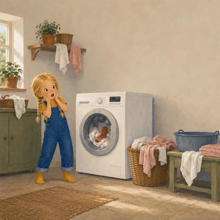Noor met les mains devant sa bouche devant la machine à laver pleine de linge rose