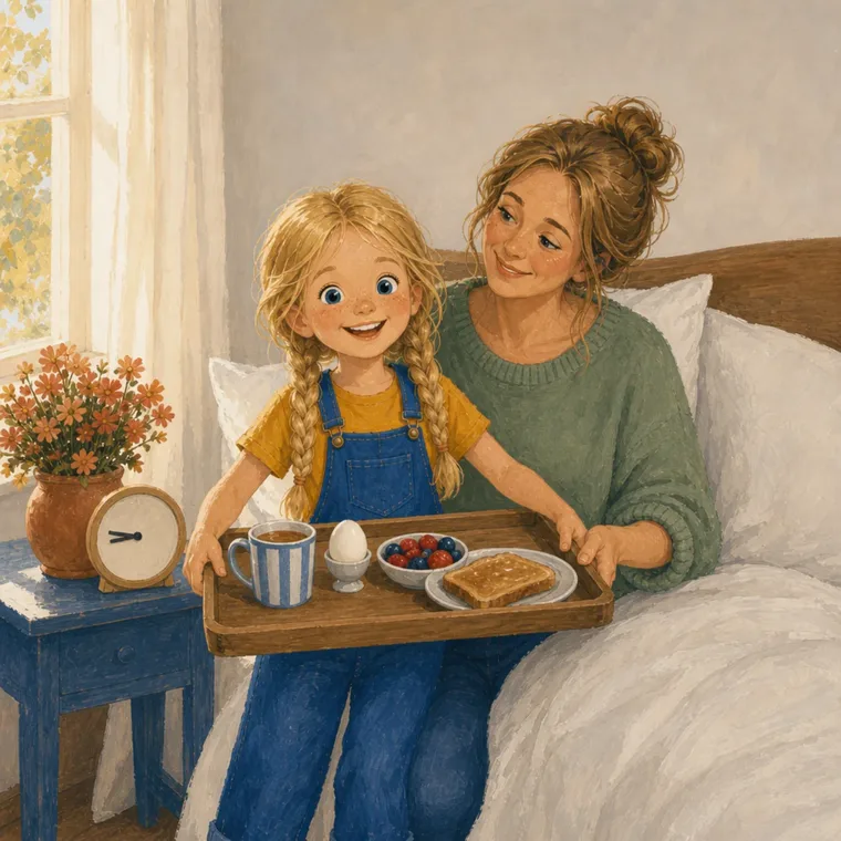 Noor apporte à sa maman un plateau avec des tartines, des fruits et un œuf au lit