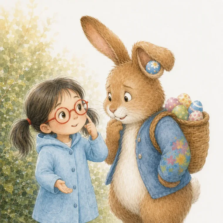 Mila lève les yeux vers le Lapin de Pâques, qui porte son panier d’œufs peints