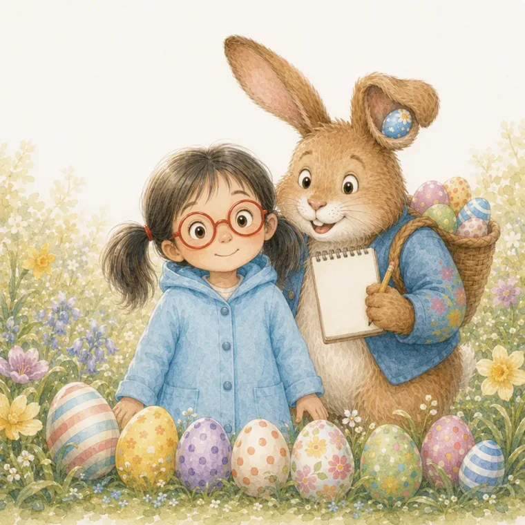 Mila et le Lapin de Pâques posent ensemble à côté de tous les œufs qu’ils ont trouvés
