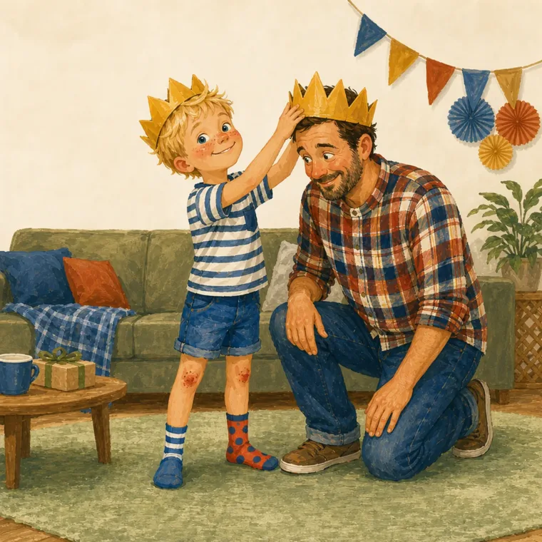 Tycho pose une couronne en papier sur la tête de son papa