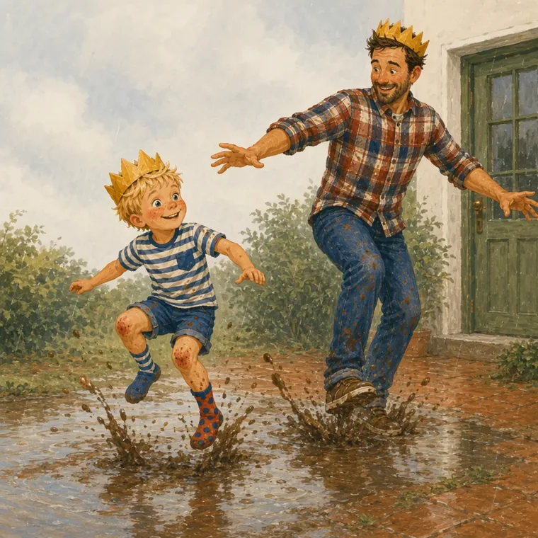 Tycho et son papa sautent dans les flaques de boue du jardin