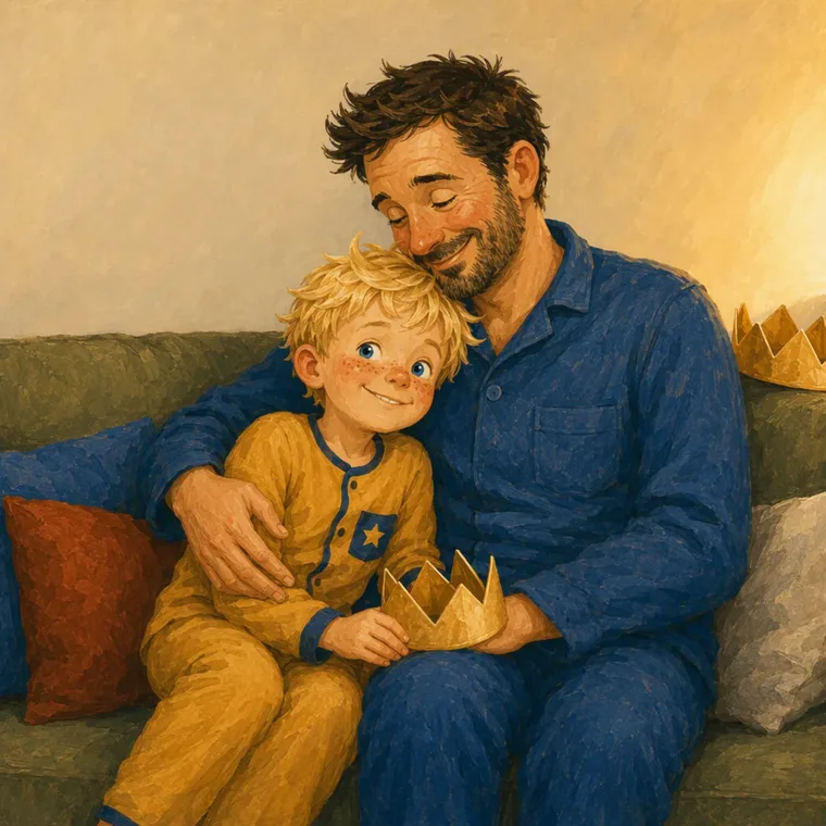 Tycho s’endort en pyjama contre son papa sur le canapé