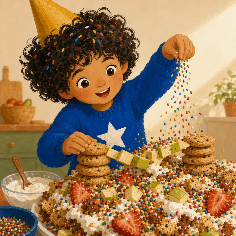 Jesse parsème de vermicelles la montagne de gâteau, de fruits et de biscuits