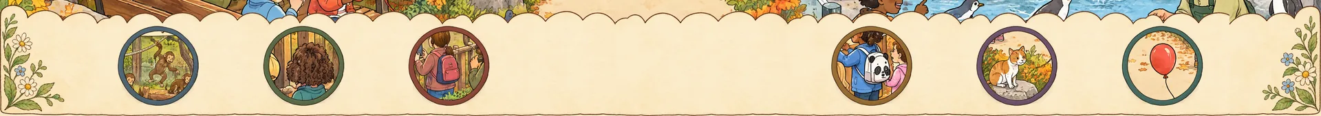 Le bandeau en bas d'une double page, avec six images rondes d'objets à trouver